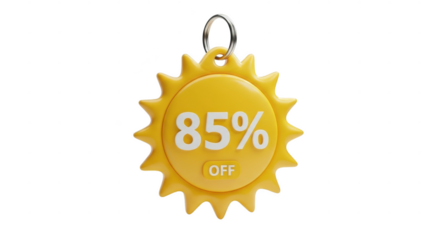 Yellow sun shaped 85 percent off tag isolated on transparent background