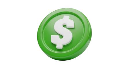 Green dollar coin symbol isolated on transparent background