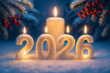 Illuminated 2026 number candles glowing in snowy winter night