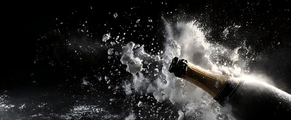 Champagne bottle exploding with a burst of foam and spray celebration moment
