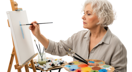 Senior woman artist painting on canvas with palette and paints in studio setting