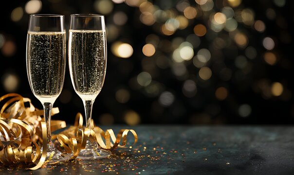 Two flutes of champagne with golden confetti and celebratory background