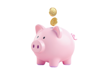 Cute Pink Piggy Bank with Coins Falling into It on a White Background