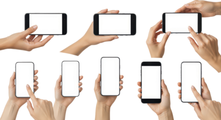 Hands Holding Smart Phones with Blank Screens for Mockup or Display Use