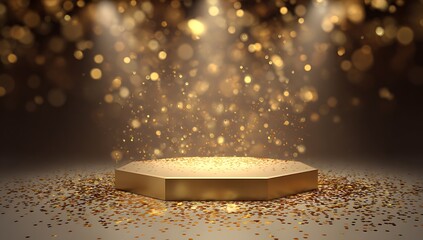 Golden spotlight illuminates a hexagonal platform with sparkling confetti effects