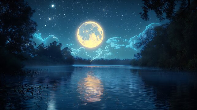Enchanting full moon over a serene lake at night