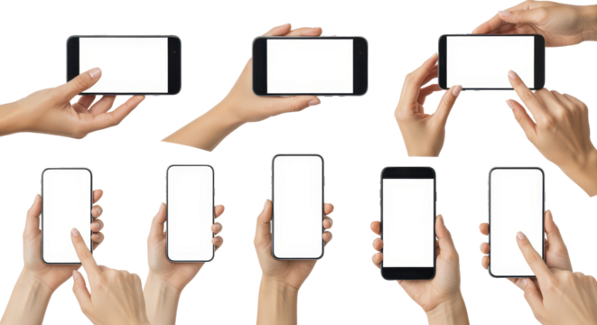 Hands Holding Smart Phones with Blank Screens for Mockup or Display Use