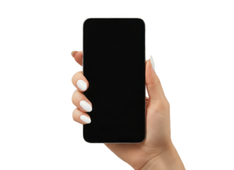 Hand Holding a Black Smartphone with Blank Screen on White Background Display