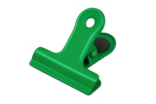 Green plastic clip keeping food bags sealed, featuring a magnetic back, isolated household item on transparent background