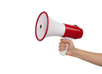 Handholding Red and White Megaphone for Announcements and Public Speaking Situations