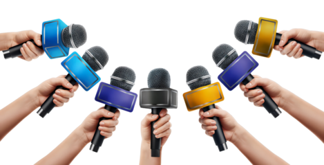 Diverse Hands Holding Colorful Microphones in a Circular Arrangement for Events