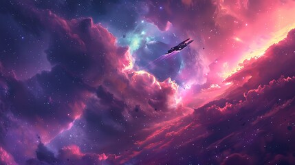 Lone spacecraft navigates a vibrant colorful nebula in deep space