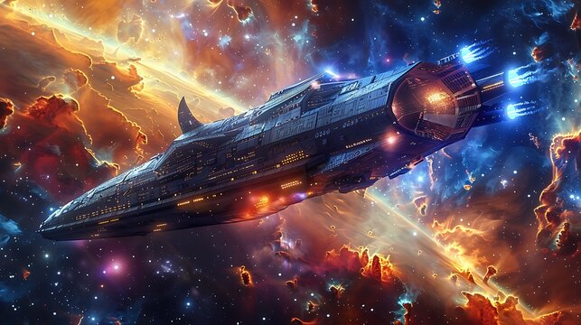 Massive alien spaceship navigating through fiery nebula