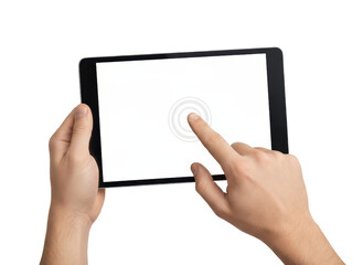 User Interaction with Tablet Device Touchscreen on Isolated Background for Technology Use