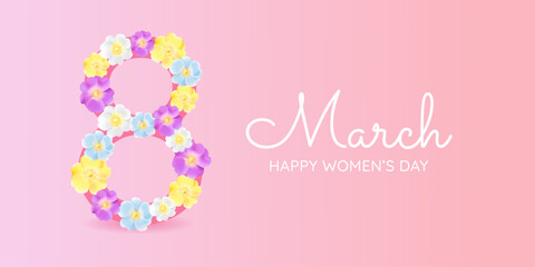 Banner Happy 8th of March. On a soft pink background the figure 8 is decorated with colorful flowers.