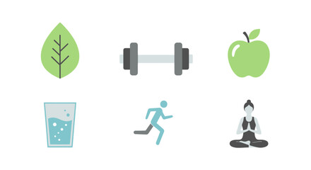 Embrace a healthy lifestyle with these vector icons showcasing fitness, mindful meditation, nutritious food, and refreshing hydration for overall well-being