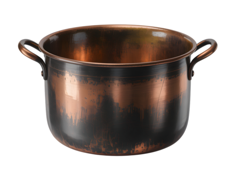 Vintage copper cooking pot with handles, isolated on a clean white background, showing patina and scratches.