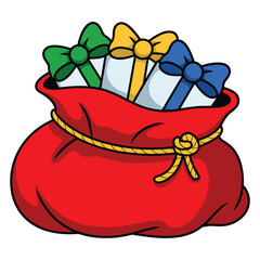 Red Santa sack filled with wrapped gifts and colorful bows, festive Christmas illustration for holiday design and celebration