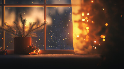 Cozy festive glow: holiday cheer with warm lights, snow falling outside the window in the dark night