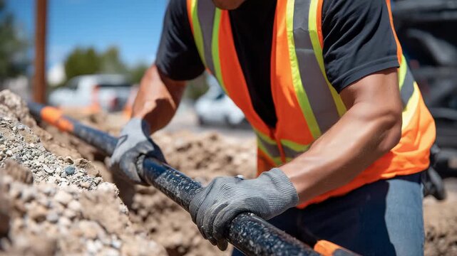 385Worker guiding pipe section into trench, macro view on hands, orange pipe, and textured gravel