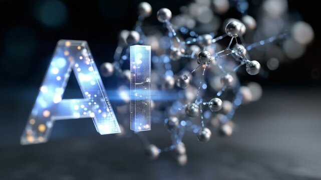 389AI text in 3D glass with luminous molecular spheres orbiting, light blue and silver gradient glow, minimalistic futuristic composition