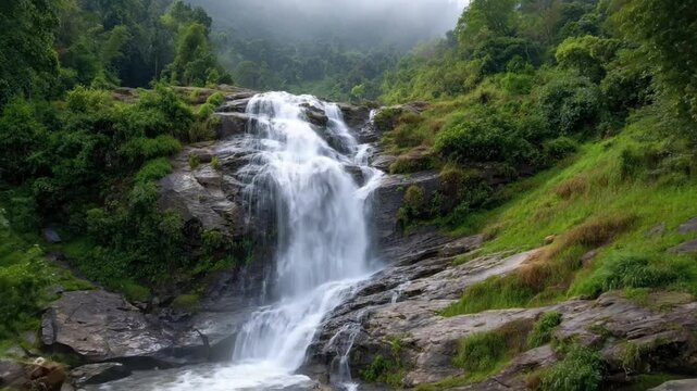 Experience the majestic beauty of nature with this breathtaking shot of a powerful waterfall cascading over rugged rocks amidst a vibrant, lush green forest. The fresh, clear water tumbles down multip