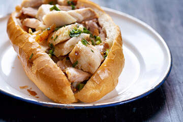 rustic vietnamese roast pork bahn mi sandwich