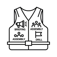 Line art illustration of a safety vest with emergency symbols, isolated on