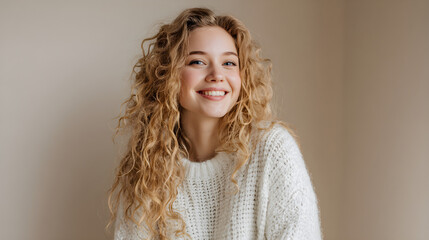 Obraz premium Young woman with natural curly blonde hair smiling