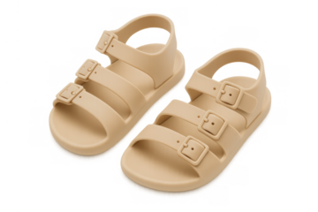 Kid sandals in beige plastic for summer fashion, waterproof footwear for children and toddlers, transparent background