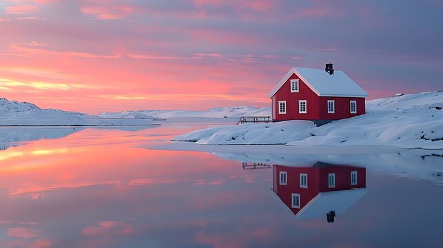 Remote red house reflects in calm water under a pink sunset sky