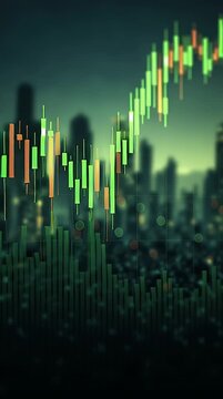 Abstract financial market chart with green and orange candlestick patterns over a blurred city skyline representing stock trading and investment growth