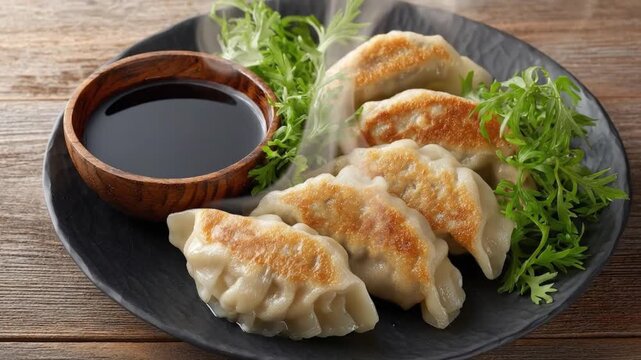 Golden-brown pan-fried dumplings, freshly prepared and steaming, are beautifully presented on a dark, textured plate. A rustic wooden bowl holds a dark dipping sauce, complemented by vibrant green gar