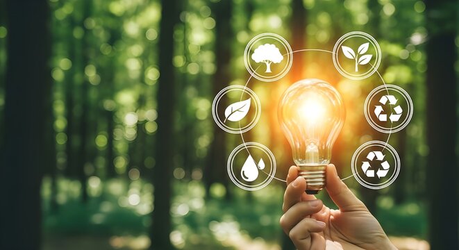 Hand holding light bulb with environmental icons in lush green forest