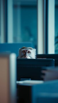 Monkey Curiously Observing Office Environment Behind Computer Monitor in Modern Workspace Context