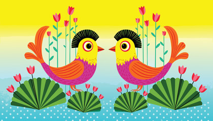 Fototapeta premium Symmetrical bird vector illustration with floral accents and gradient background from yellow to blue