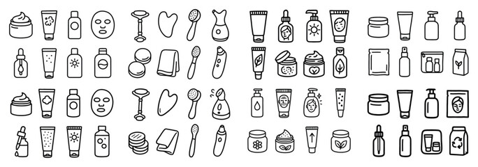 Hand-drawn skincare products set in black and white