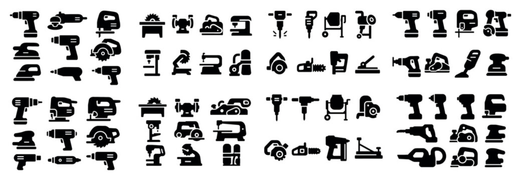 Collection of various power tool icons in black