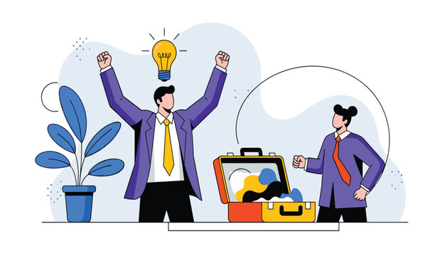 Business idea vector illustration with glowing light bulb and collaborative professionals in action