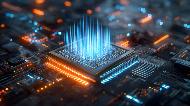 Cpu processing data on circuit board with glowing light - Powered by Adobe