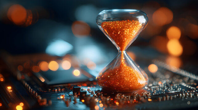 Hourglass with glitter sand on computer circuit board
