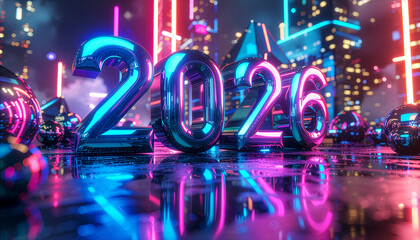 New Year 2026 banner with huge 3D percentage numbers and floating geometric shapes — vibrant festive design perfect for holiday promotions, celebrations, and digital marketing.