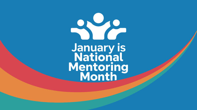 January is National Mentoring Month Banner with Abstract People Icon Representing Guidance and Support on a Blue Background