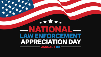 National Law Enforcement Appreciation Day Banner with US Flag and Stars on Black Background for January 9 Police Officer Tribute