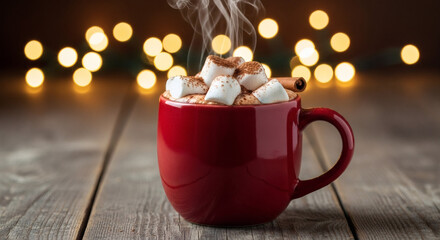 Steaming hot chocolate with marshmallows in a red mug on rustic wooden table with festive bokeh lights