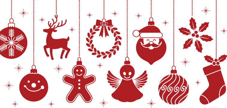 Red Christmas Hanging Ornament Silhouettes Vector Set Including Santa, Reindeer, Gingerbread Man, and Holly on White Background