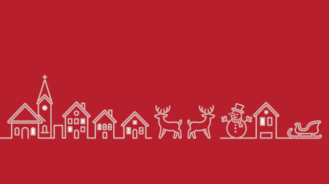 Christmas Village Line Art Illustration Banner with Houses, Reindeer, Snowman, and Sleigh on a Solid Deep Red Background Design