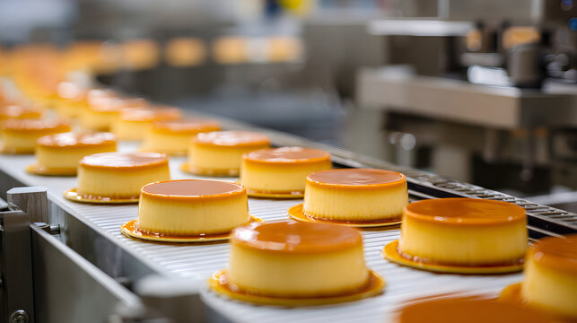 Creme caramel desserts moving along factory production line