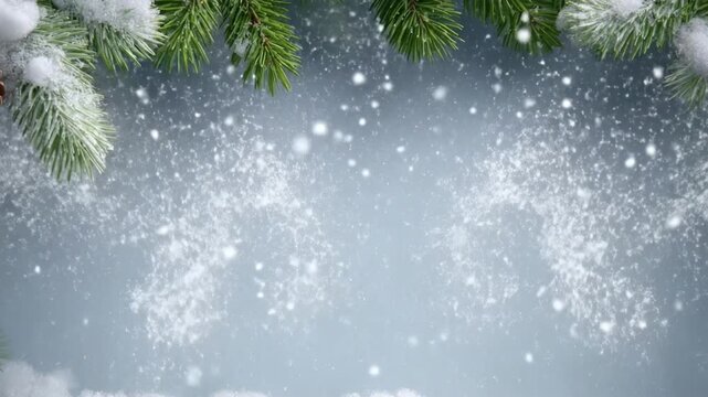 Snow-covered evergreen branches and a pinecone frame a serene, light blue winter background. Gentle snowflakes fall, resting on a white snowdrift below. Ideal copy space for festive greetings, seasona