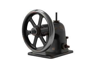 Obraz premium Vintage sewing machine hand wheel and mechanism, isolated, with visible rust and patina